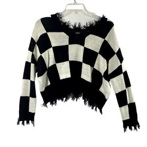 Just Polly Cropped Sweater Women Medium Black White Checkered Frayed Fringe Boho